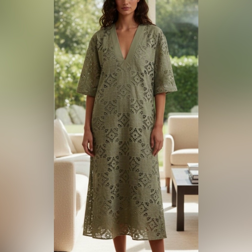 NWOT Zara Openwork Embroidered Kaftan Dress Sage Green Size XS can fit S